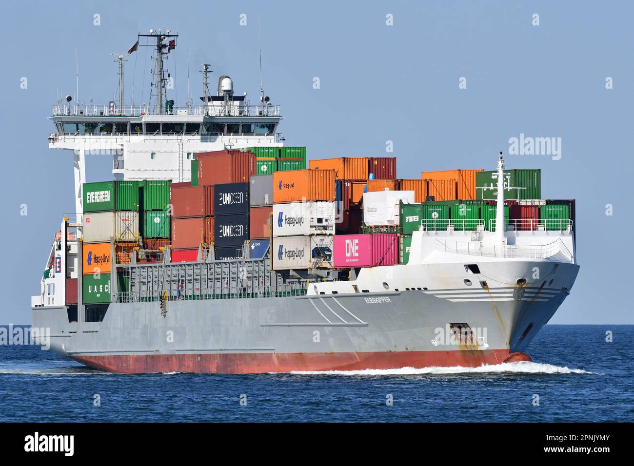 Containership ELBSKIPPER at the Kiel Fjord Stock Photo