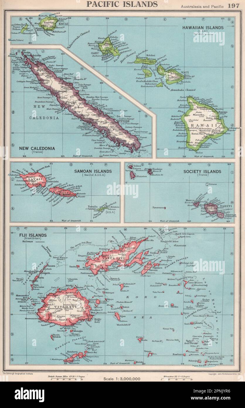 PACIFIC ISLANDS. Hawaii Samoa Fiji New Caledonia Society Islands 1952 old map Stock Photo