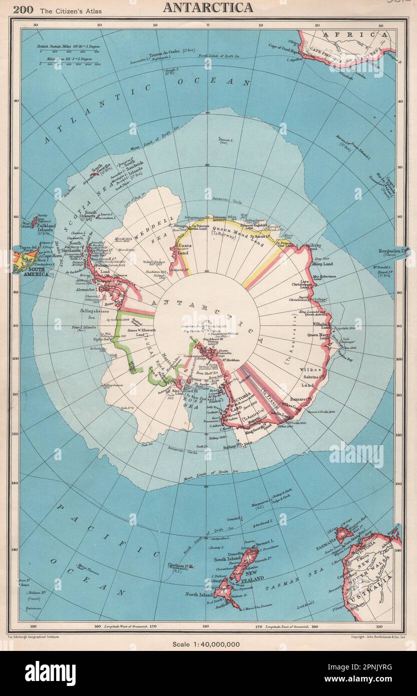 ANTARCTICA.showing claims.Marie Byrd Land Queen Maud Land.BARTHOLOMEW 1952 map Stock Photo
