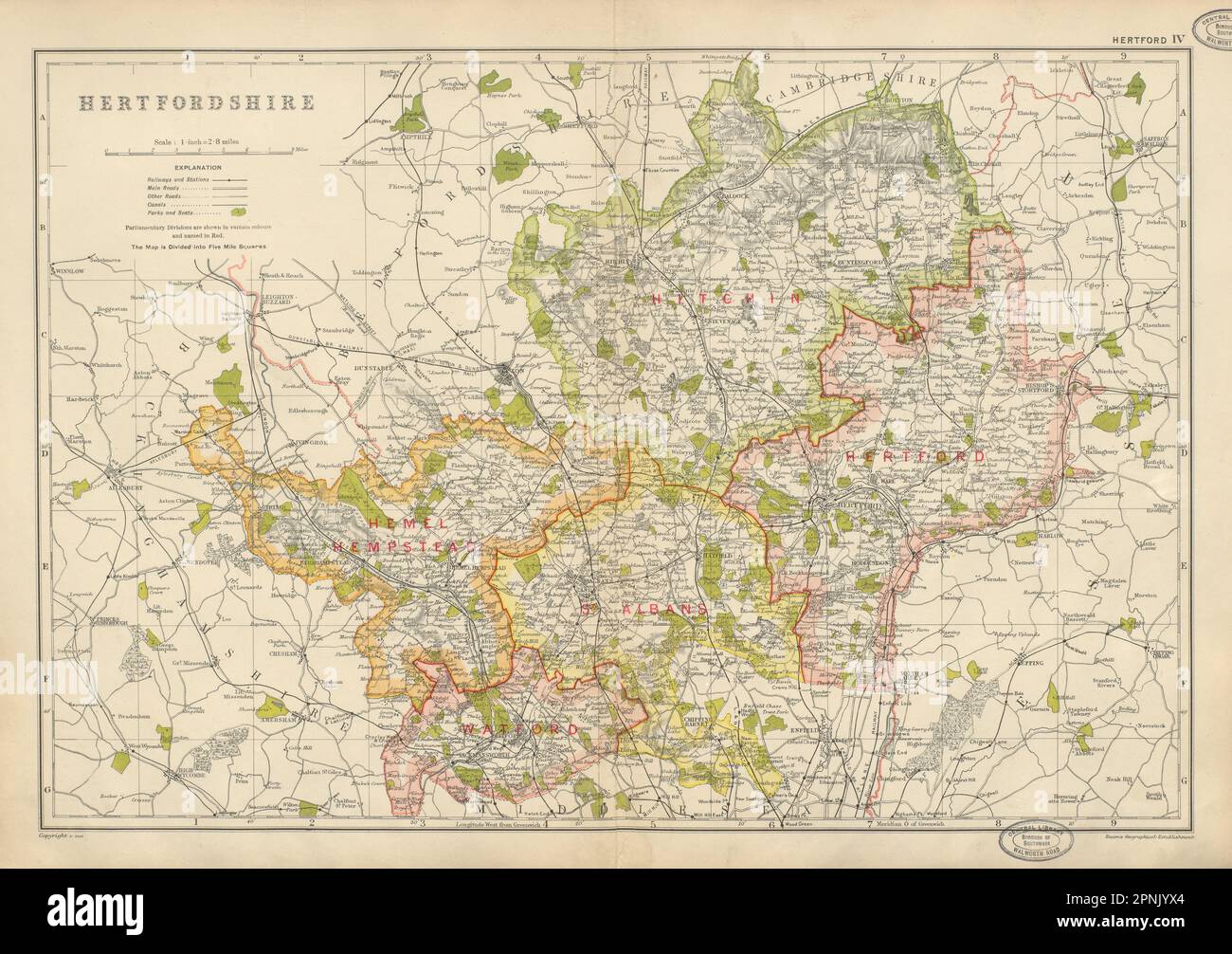 HERTFORDSHIRE. Showing Parliamentary divisions, parks & boroughs. BACON 1934 map Stock Photo
