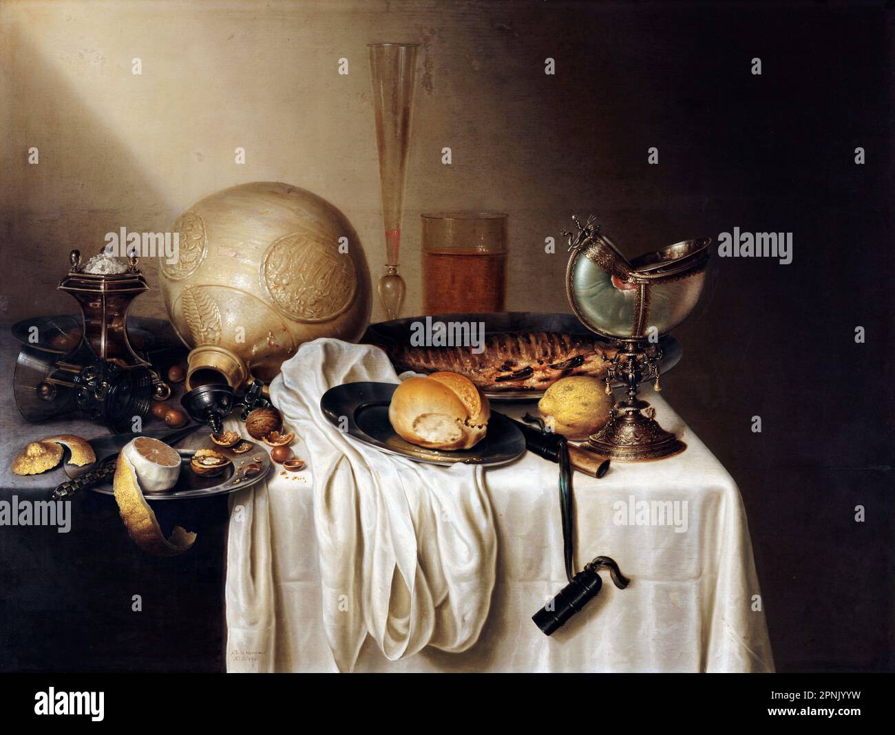 Still Life with a so-called Baerded Man Crock and a Nautilus Shell cup by the Dutch Golden Age painter, Maerten Boelema de Stomme (1611- after 1644), oil on wood, 17th century Stock Photo
