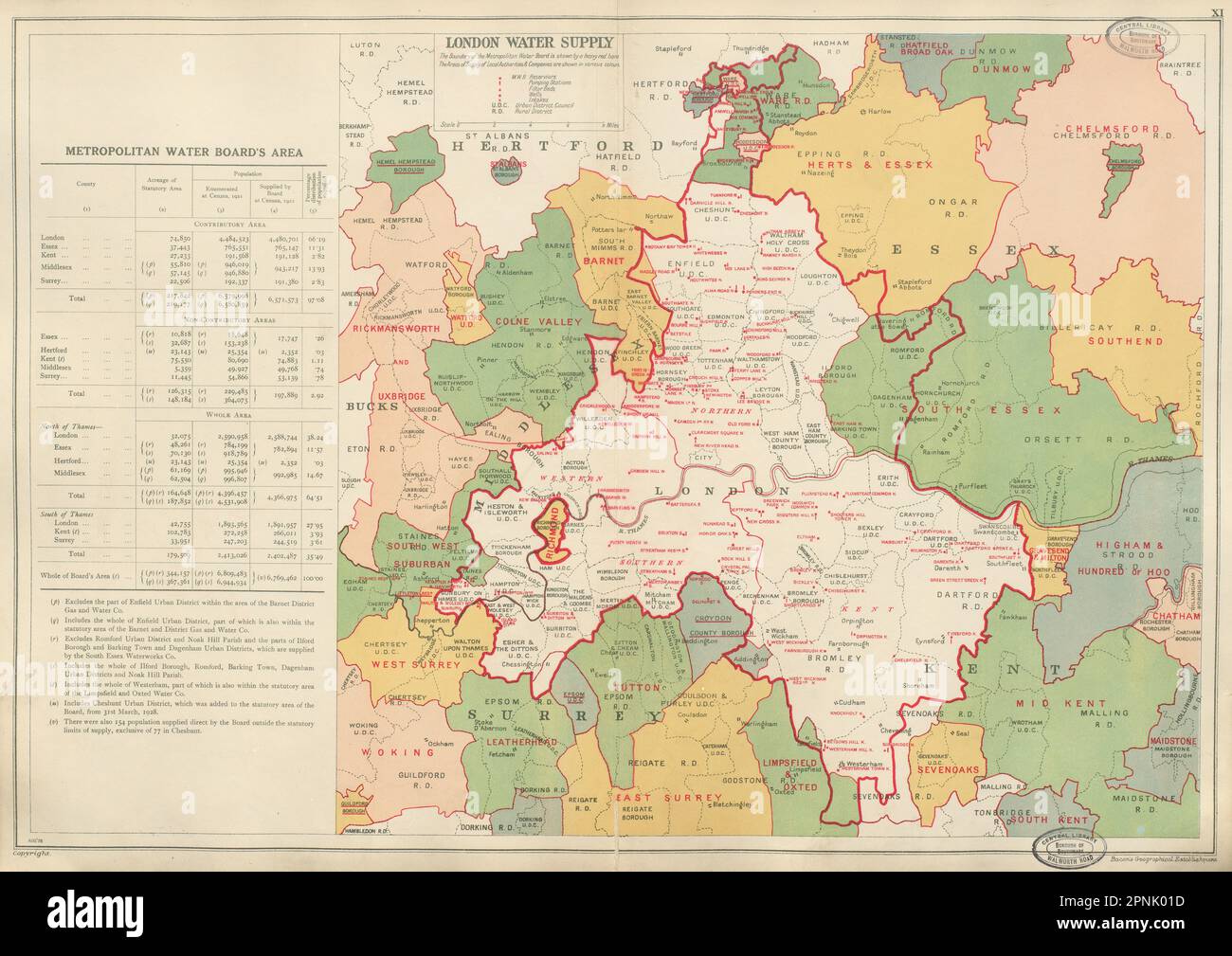 LONDON WATER SUPPLY. Metropolitan Water Board. Pumping Stns Reservoirs 1934 map Stock Photo