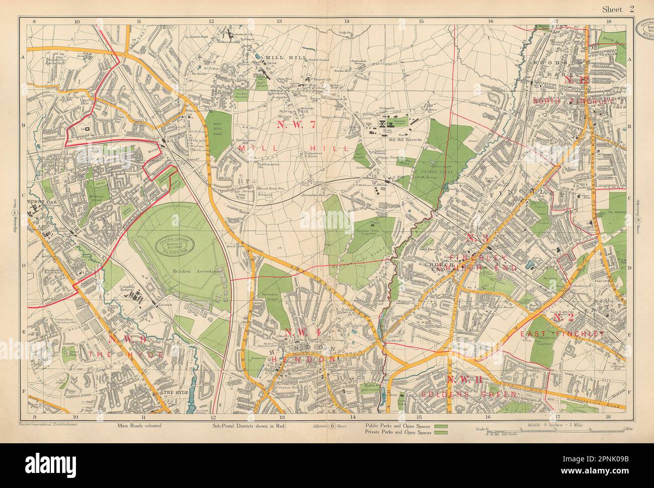 FINCHLEY/HENDON Mill Hill Golders Green Hyde Edgware Colindale. BACON 1934 map Stock Photo
