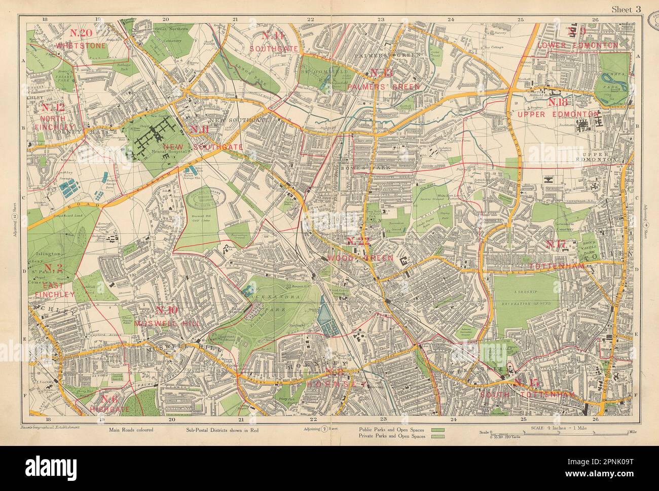 N LONDON Hornsey Edmonton Muswell Hill Tottenham Southgate. BACON 1934 old map Stock Photo