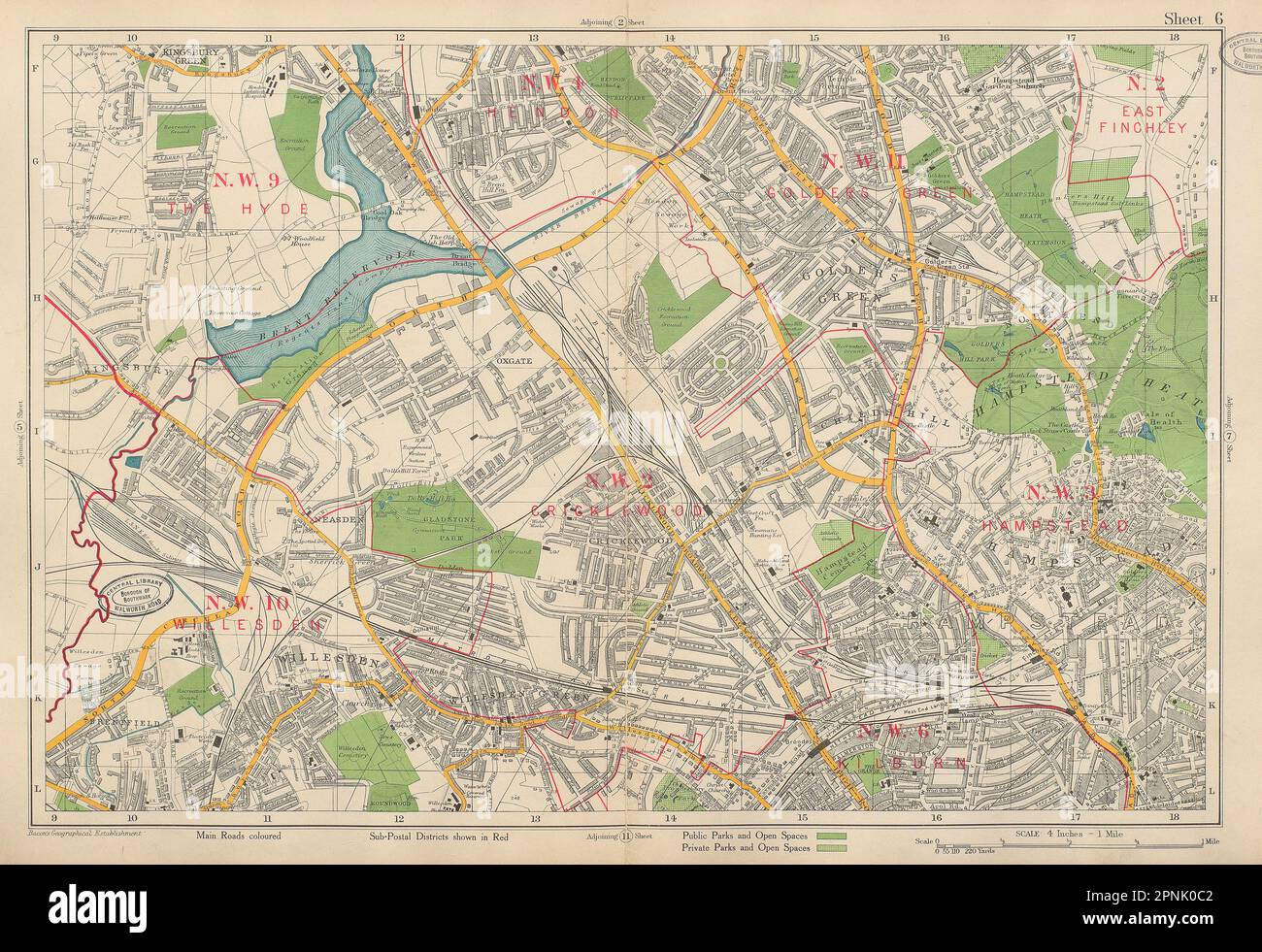 NW LONDON Cricklewood Hampstead Willesden Golders Green Hendon. BACON 1934 map Stock Photo