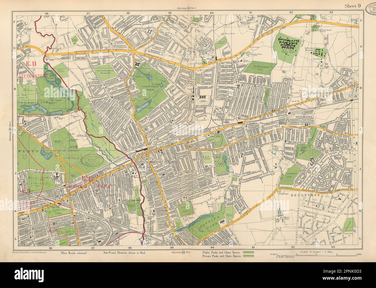 ILFORD Wanstead Flats Barking Goodmayes Newbury Park Becontree. BACON 1934 map Stock Photo