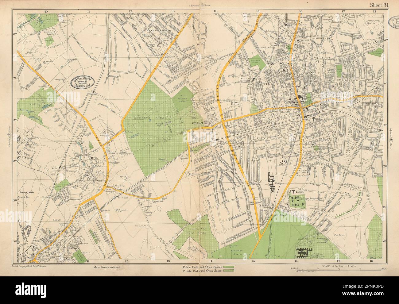 SUTTON Epsom Cheam Belmont Carshalton Ewell Banstead Downs. BACON 1934 old map Stock Photo