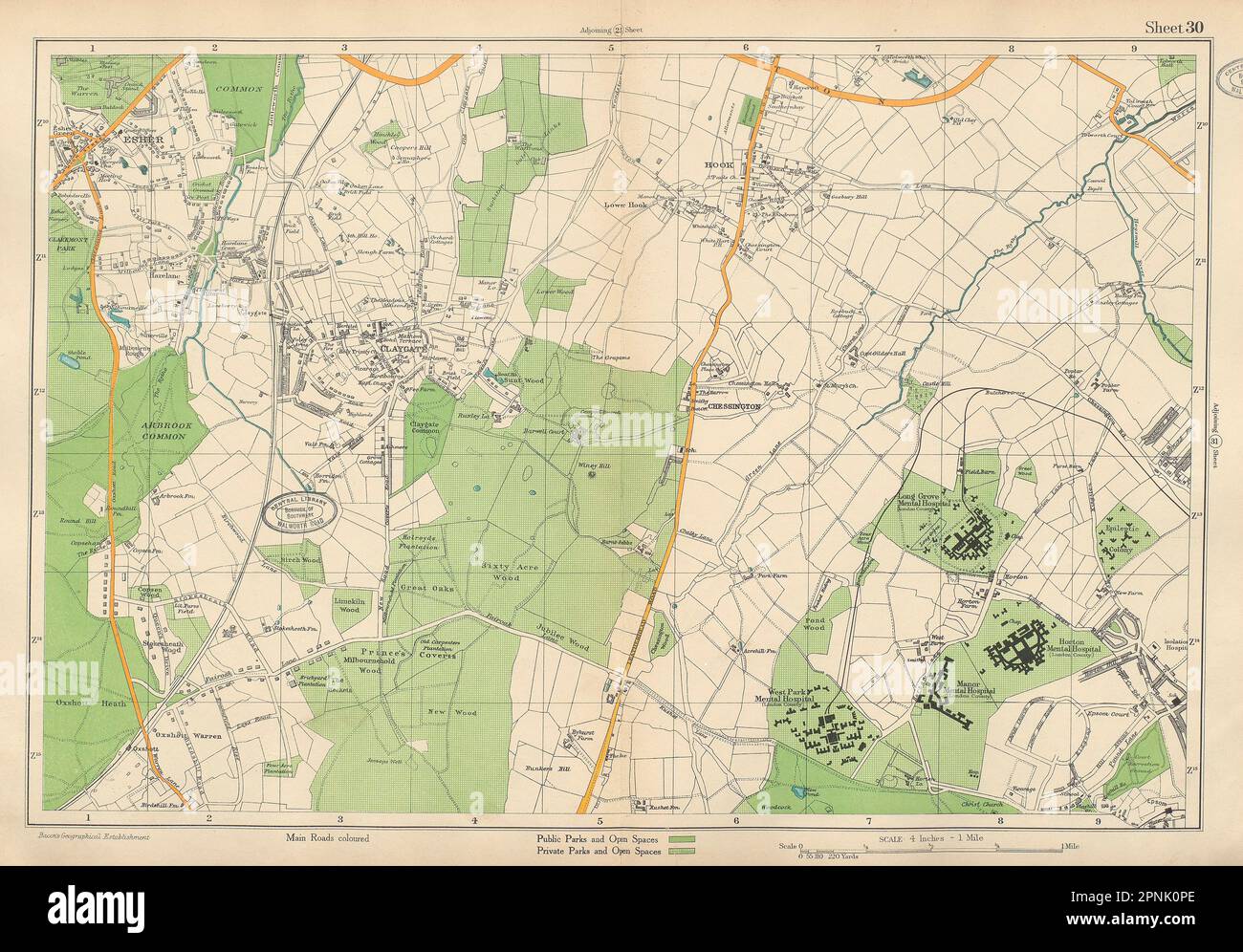 ESHER/EWELL Claygate Epsom Oxshott Hook Chessington Hinchley Wood.BACON 1934 map Stock Photo