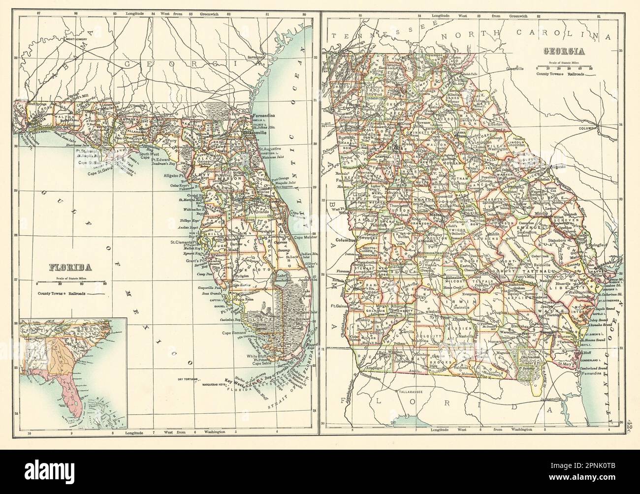 Georgia and Florida state maps showing counties. BARTHOLOMEW 1898 old Stock Photo