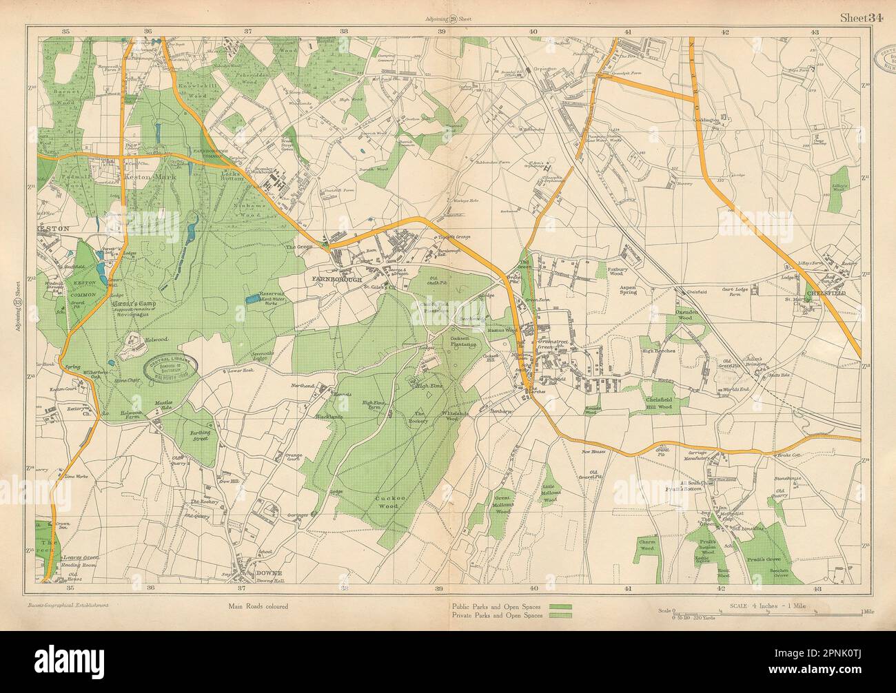 ORPINGTON Keston Farnborough Mark Pratt's Bottom Chelsfield. BACON 1934 map Stock Photo