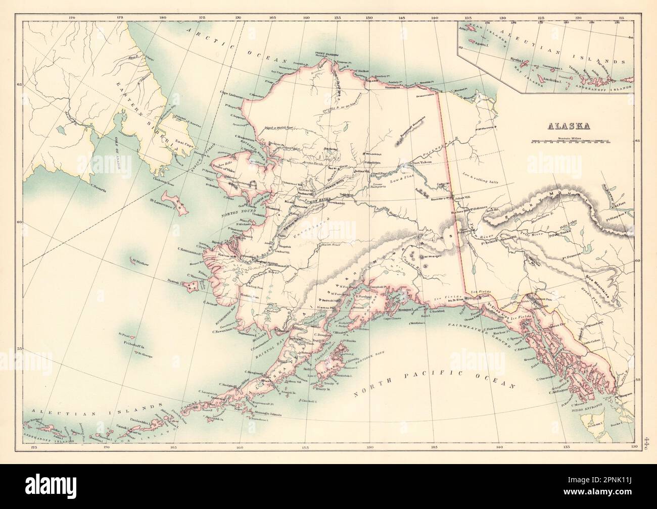 Alaska state map showing native American Indian villages. BARTHOLOMEW 1898 Stock Photo