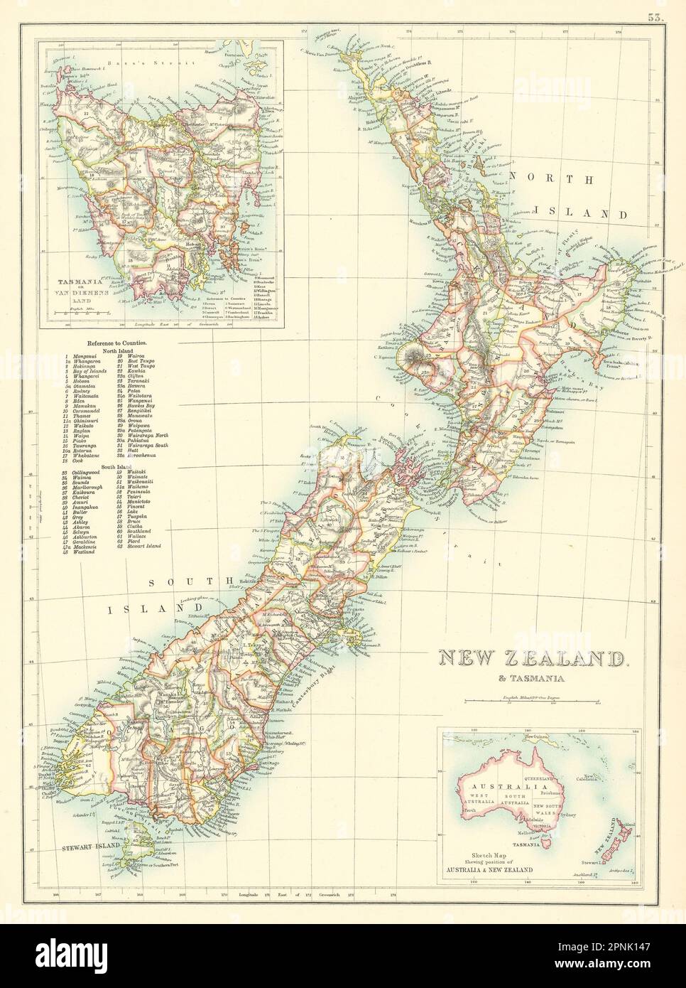 New Zealand in counties and Tasmania. BARTHOLOMEW 1898 old antique map chart Stock Photo