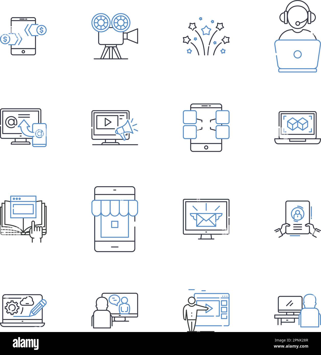 Mobile marketing line icons collection. SMS, QR Codes, Location-based, Apps, Responsive, Targeted, Engagement vector and linear illustration. Push Stock Vector