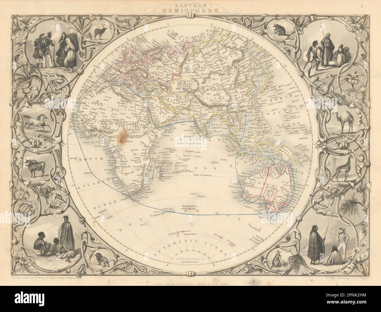 EASTERN HEMISPHERE.Shows mail routes to British colonies. RAPKIN/TALLIS 1851 map Stock Photo