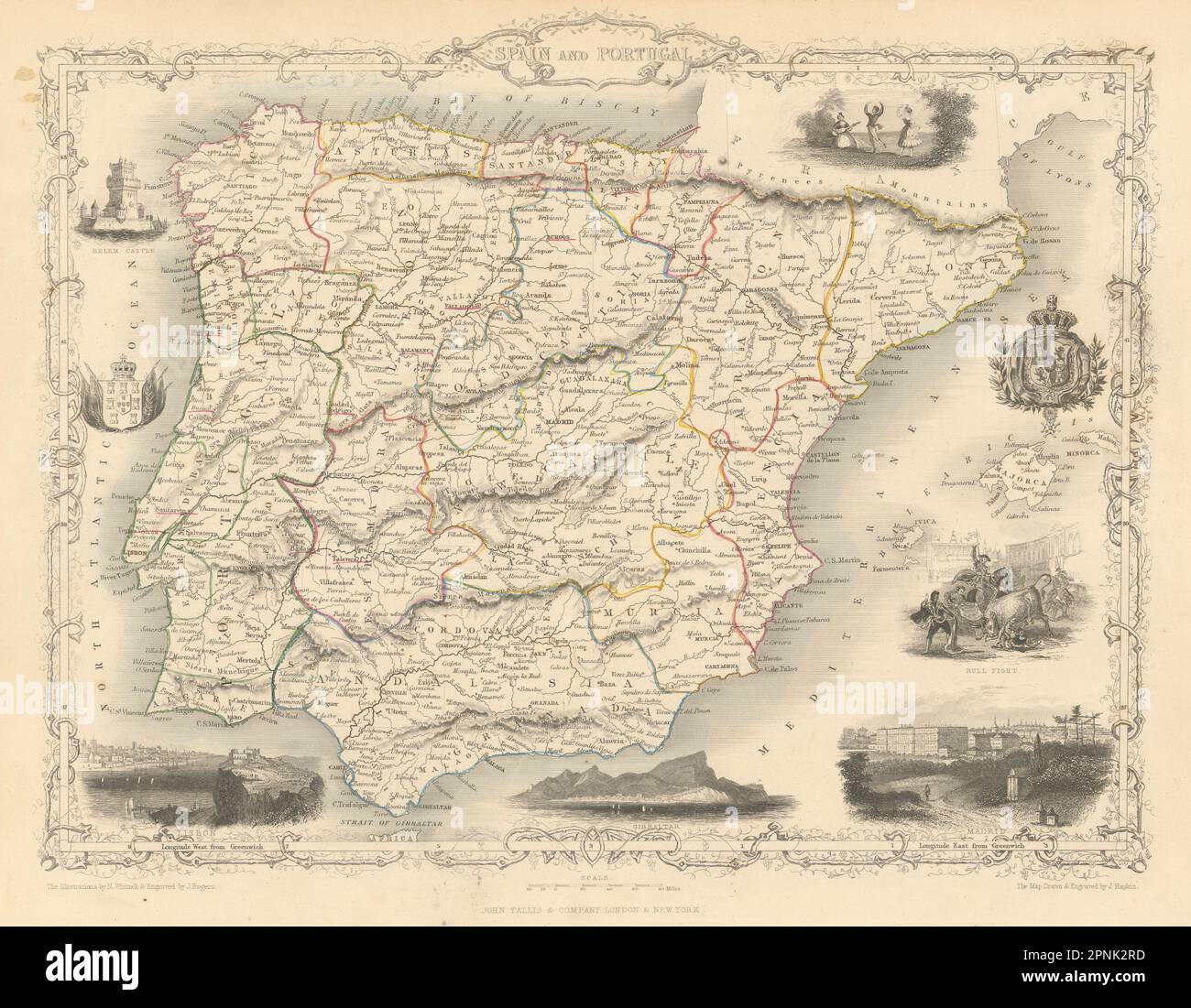 SPAIN & PORTUGAL. Madrid Lisbon Gibraltar views. Iberia TALLIS & RAPKIN 1851 map Stock Photo