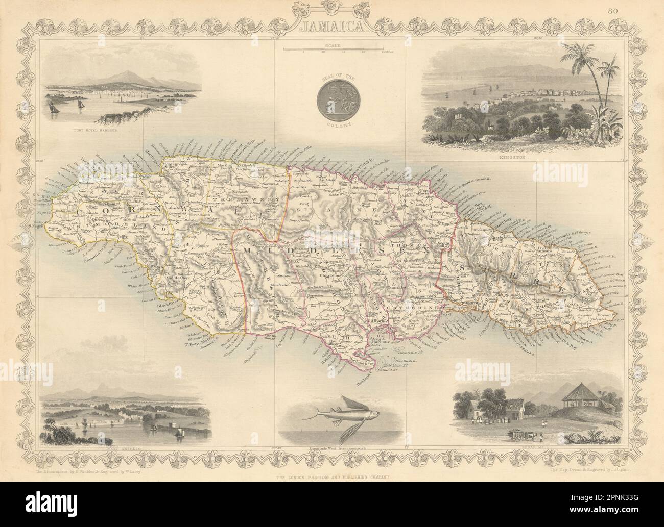 JAMAICA. Counties/parishes. Sugar Mill & Kingston views. RAPKIN/TALLIS 1851 map Stock Photo