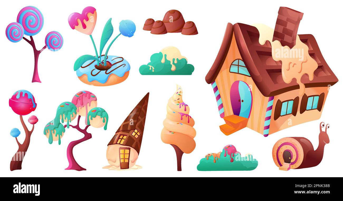 Fantasy candy land elements set with sweet houses and trees cartoon isolated vector illustration