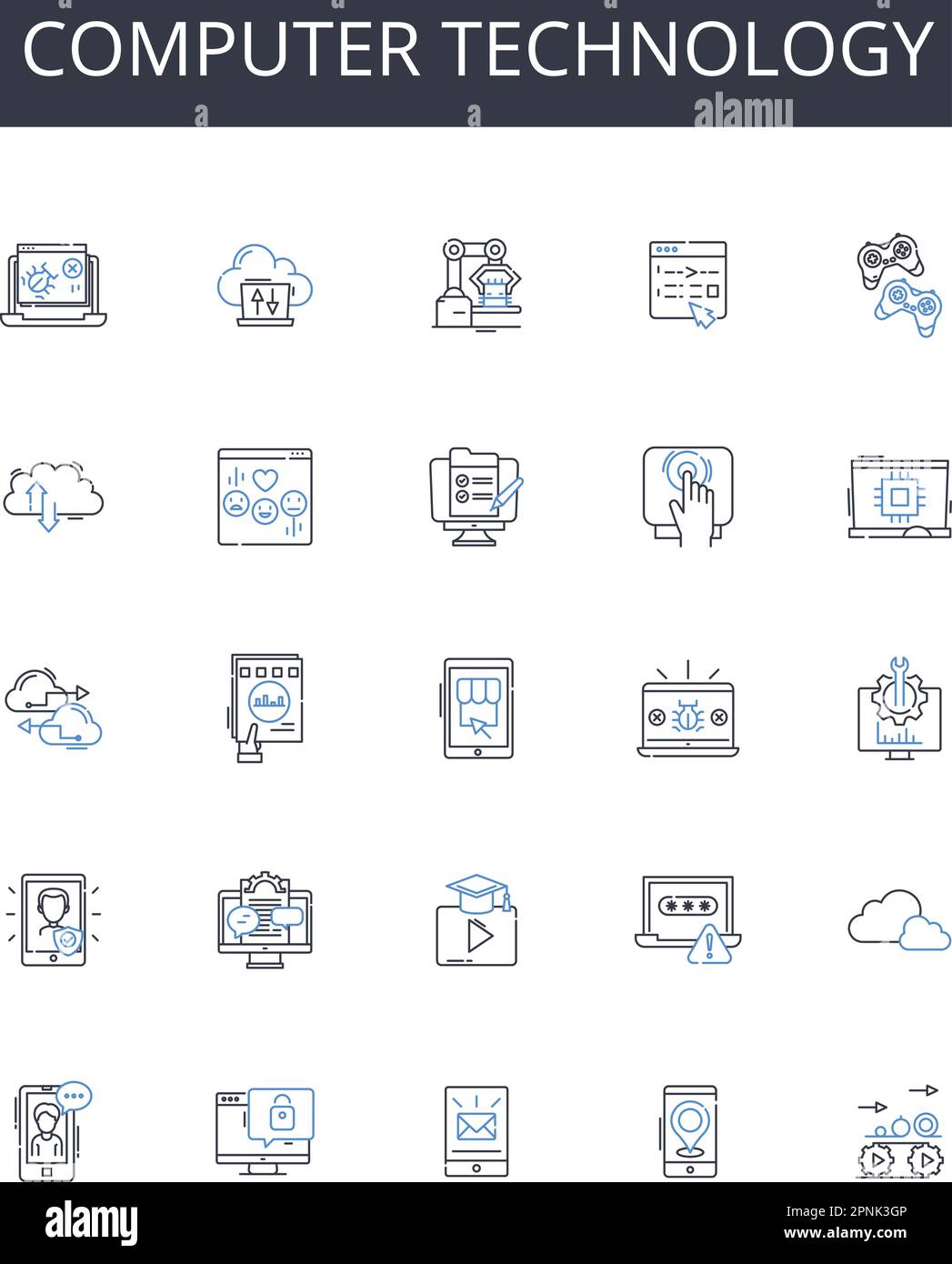 Computer technology line icons collection. Information technology, Digital innovation, Electronic advancement, Technological progress, Cyber space Stock Vector