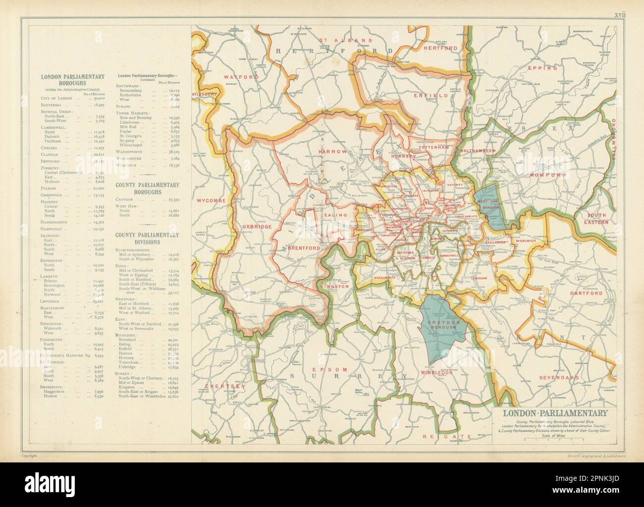 GREATER LONDON PARLIAMENTARY. Constituencies Boroughs # electors. BACON 1913 map Stock Photo