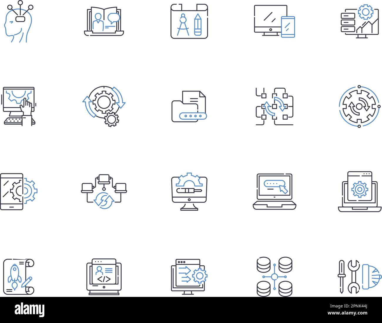 Programming language line icons collection. Syntax, Compiler, Debugger, Variable, Function, Object, Class vector and linear illustration. Method Stock Vector