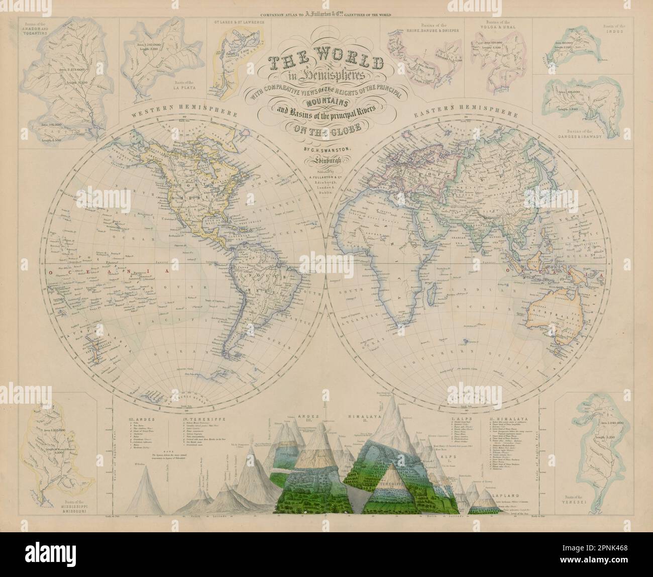 World in hemispheres. Mountains & rivers. SWANSTON 1860 old antique map 
