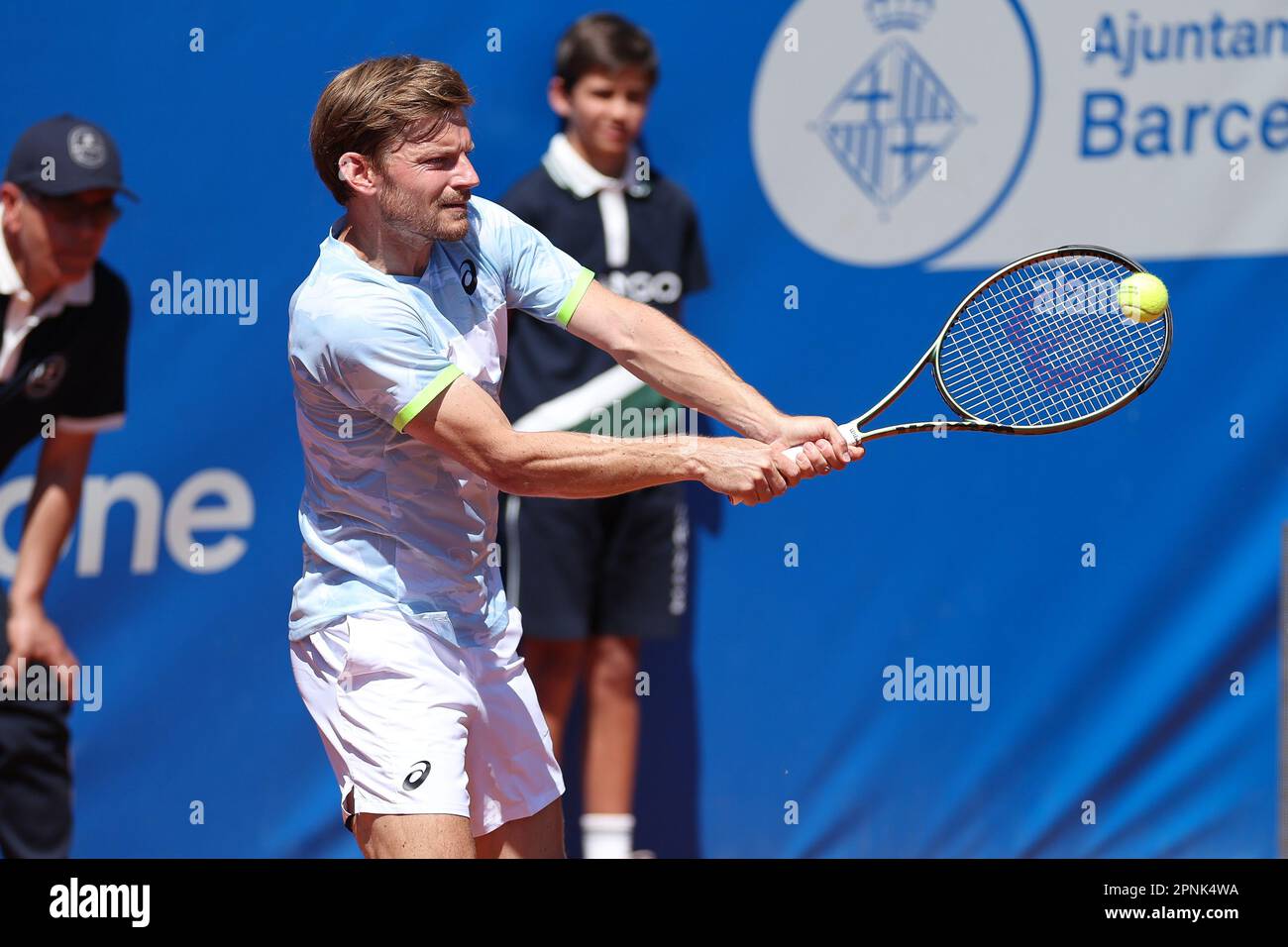 BARCELONA, SPAIN - APRIL 19:  David Goffin from Belgium during the Barcelona Open Banc Sabadell 70 Trofeo Conde de Godo game against Yoshihito Nishioka and David Goffin at the Real Club de Tenis Barcelona on April 19, 2023 in Barcelona, Spain Stock Photo