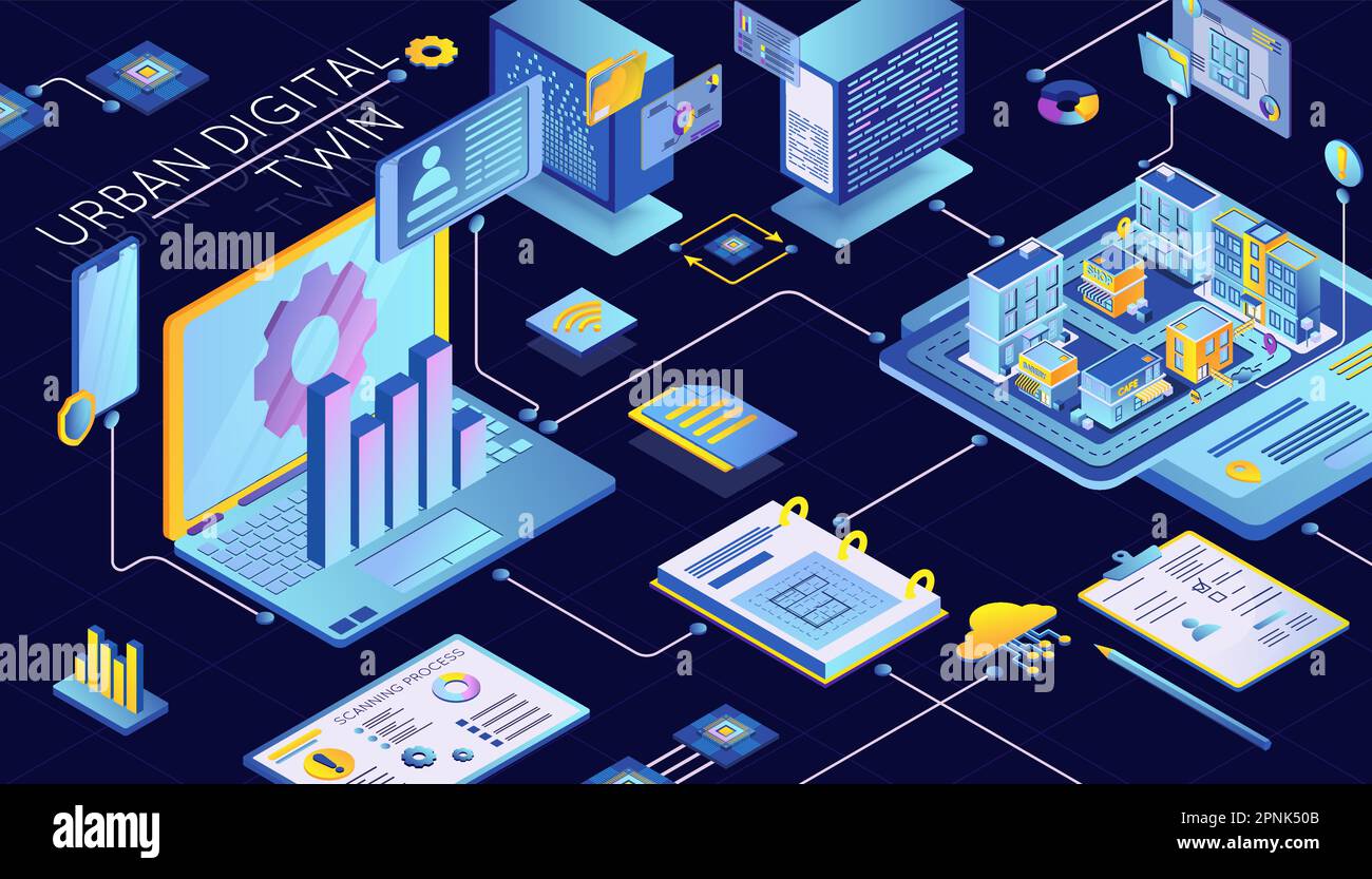 Urban digital twin technology process of creating city model isometric