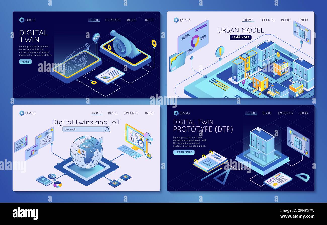 Digital twin technology prototype urban model internet of things isometric web banners set isolated vector illustration Stock Vector