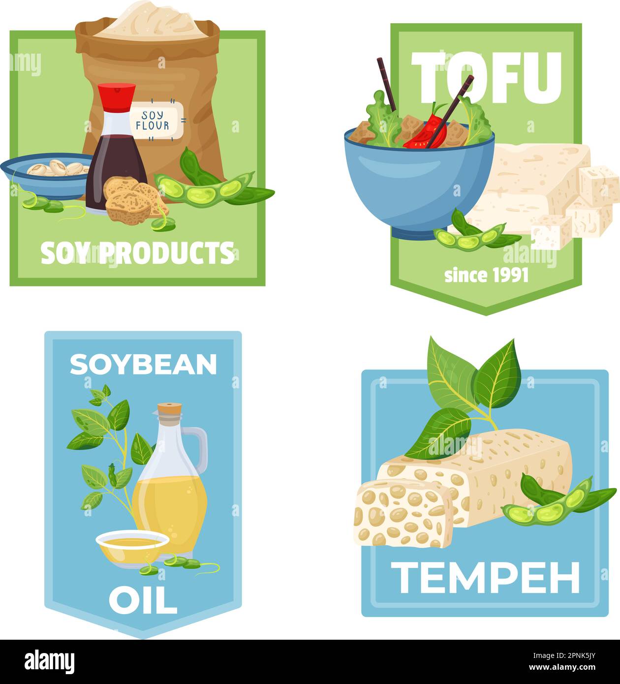 Soy products flat set of isolated labels with compositions of ornate