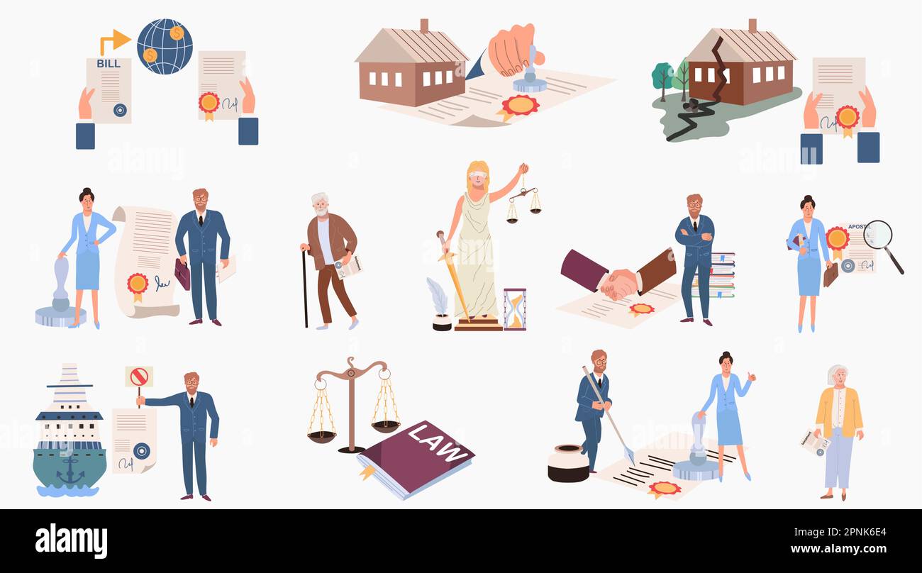 Notary icons set with law symbols flat isolated vector illustration ...