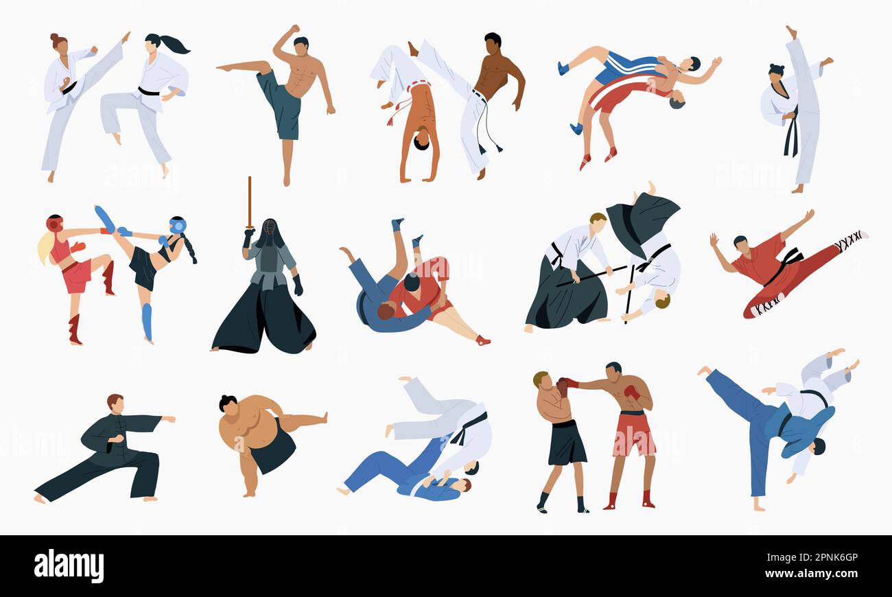Martial arts icons set with fighting symbols flat vector isolated