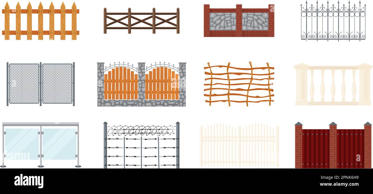 Fences flat set with isolated icons of fencing parts made with various materials on blank background vector illustration Stock Vector