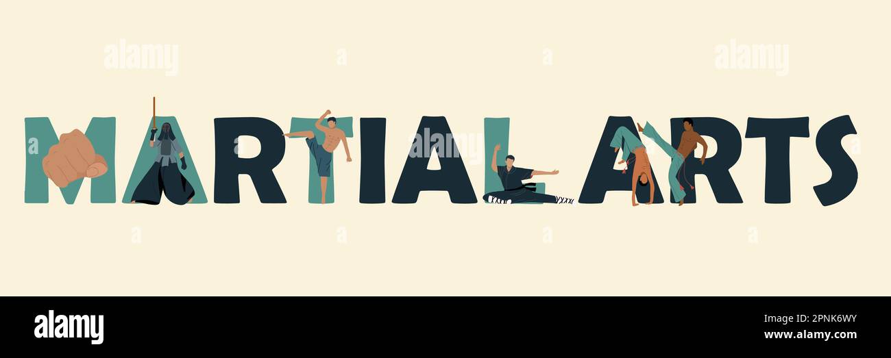 Martial arts text concept with practice and contest symbols flat vector