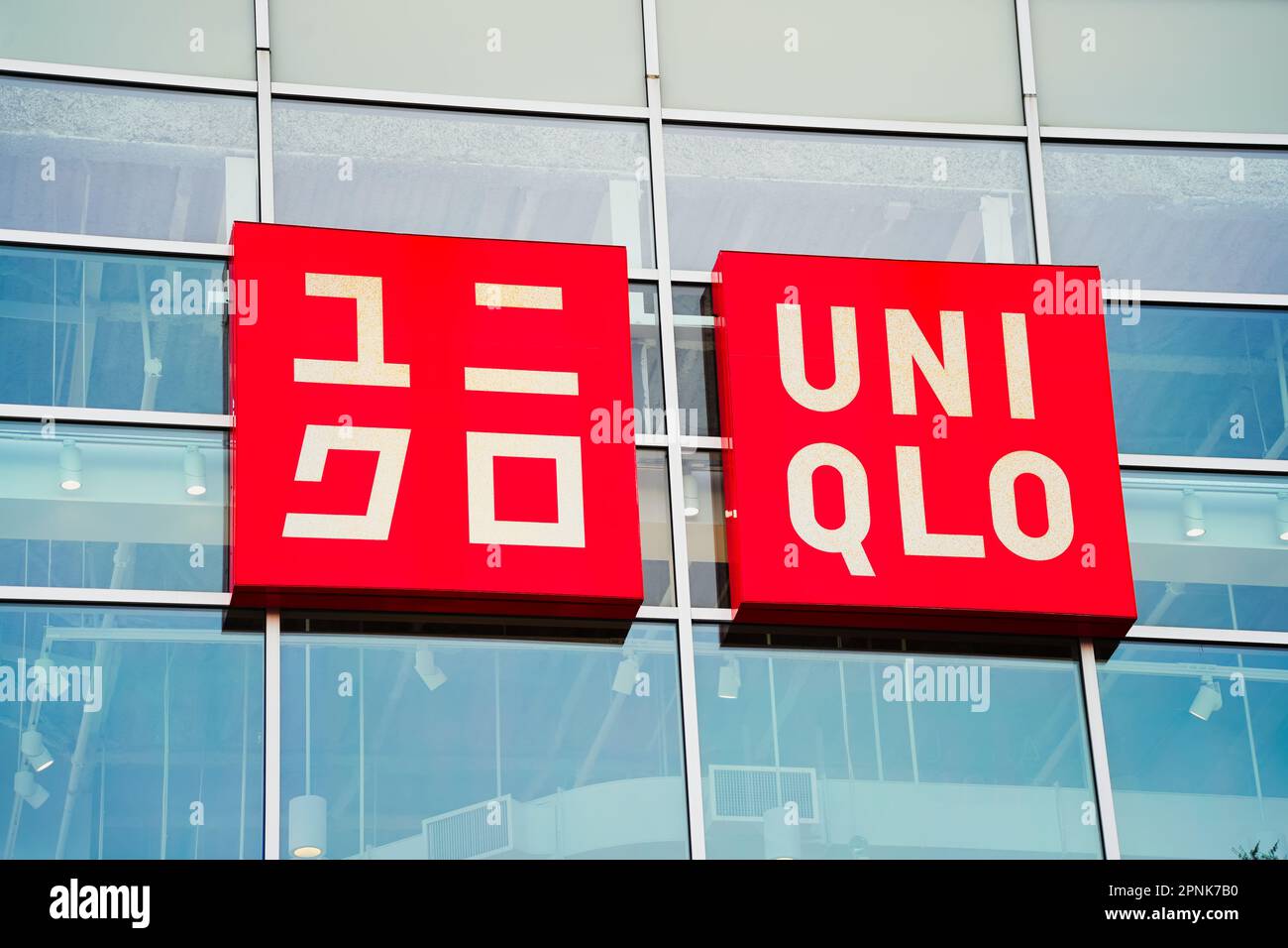 New York, NY - March 31, 2023 : Close up sign of popular Japanese fashion retailer Uniqlo Stock Photo