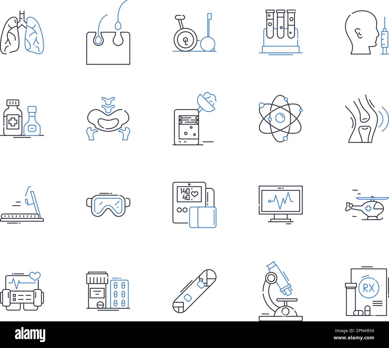 Biomedical engineering line icons collection. Prosthetics, Bioinformatics, Biomechanics, Tissue engineering, Biomaterials, Nanotechnology, Genetic Stock Vector