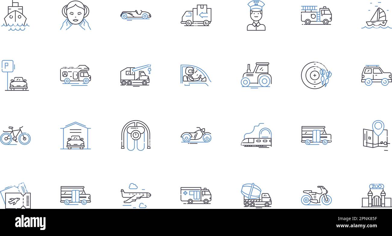 Transit line icons collection. Commute, Transit-oriented, Mass-transit, Railway, Subway, Ferry, Monorail vector and linear illustration. Trolley,Tram Stock Vector