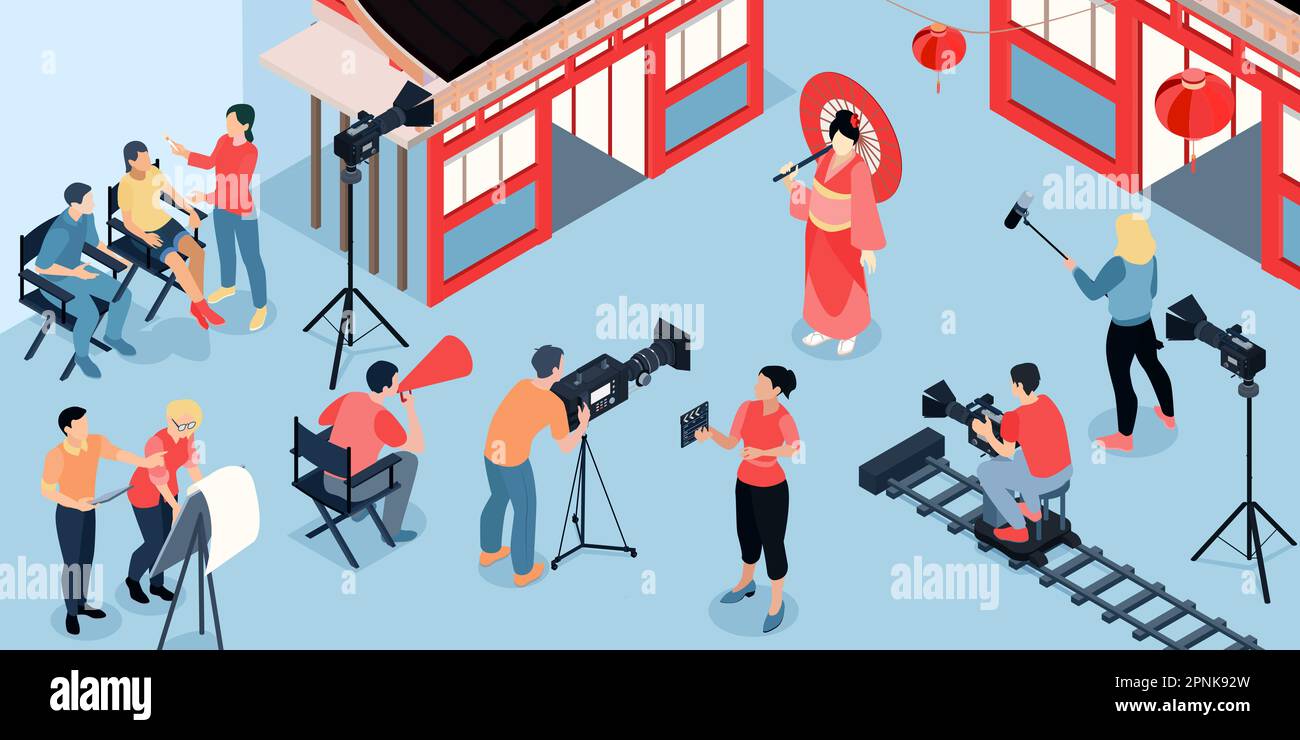 Isometric cinema production composition with view of filming location