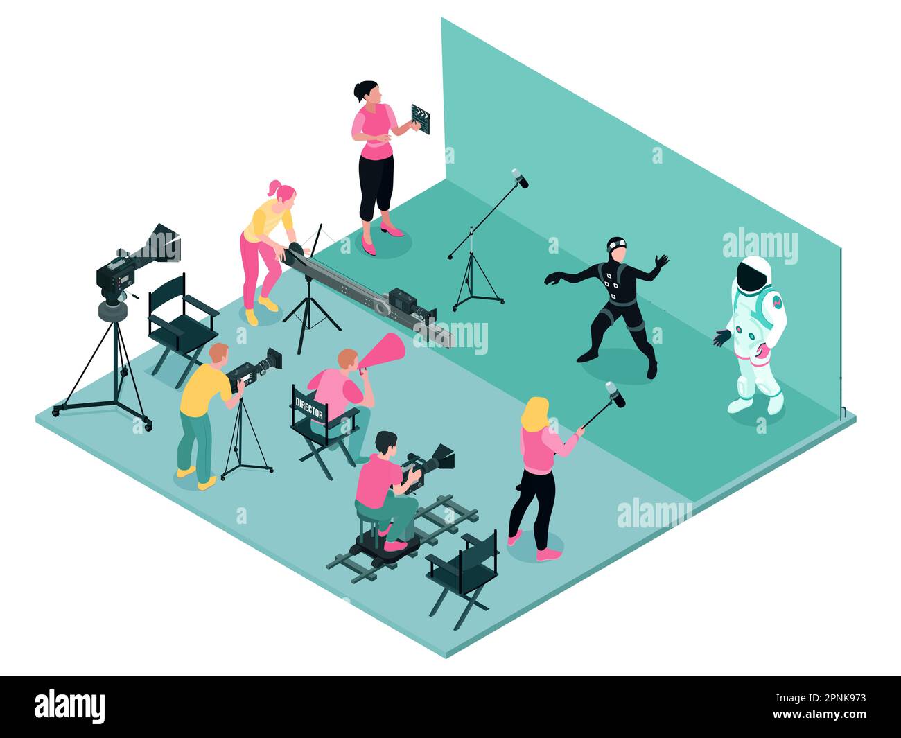 Isometric cinema production composition with isolated view of filming