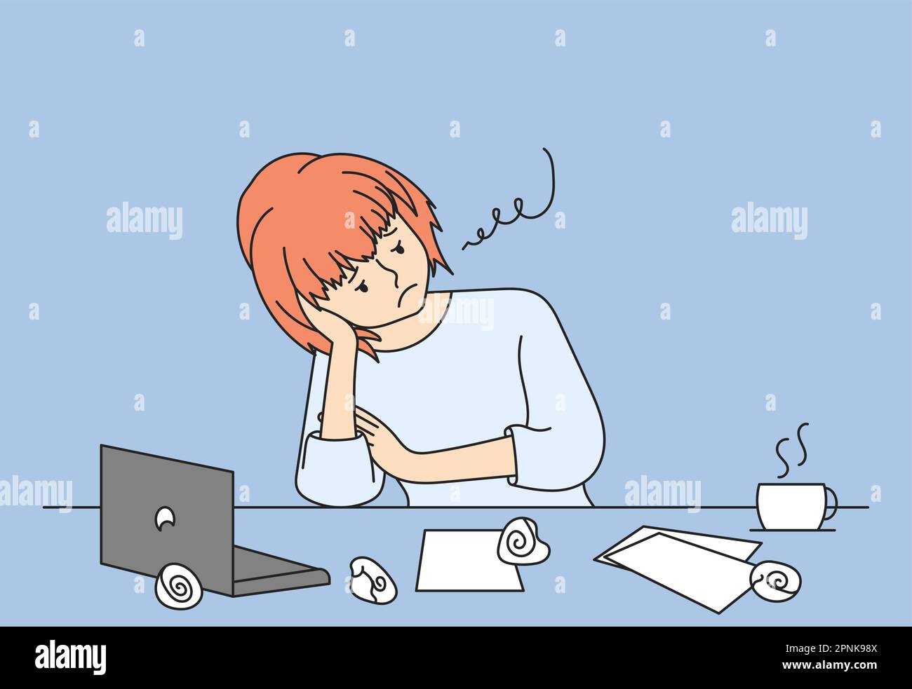Tired and exhausted girl sitting at the table. Work overload and overtime work at home for women. Business woman works at the table and suffers from a Stock Vector