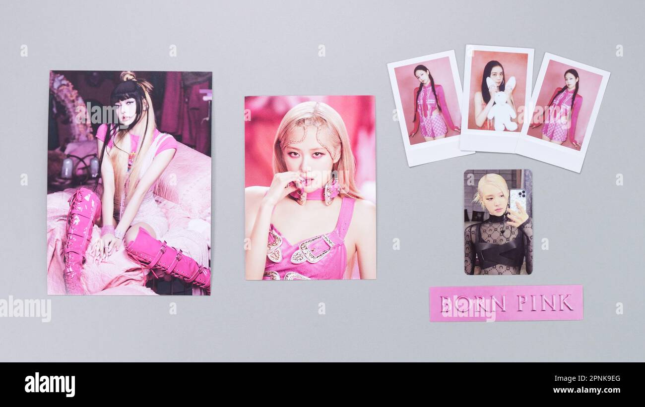 BlackPink BORN PINK 2nd Album Box set with posters cards selfie on grey. Pink CD version. South Korean girl group BlackPink. BlackPink music k-pop. Ga Stock Photo