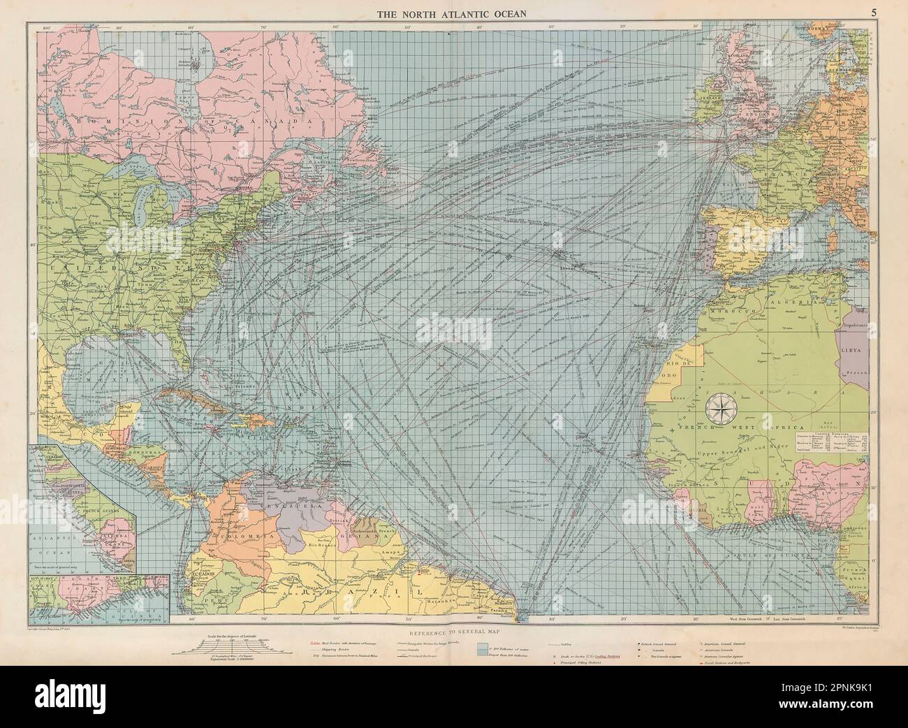 North Atlantic Ocean sea chart. Ports lighthouses mail routes. LARGE 1952 map Stock Photo