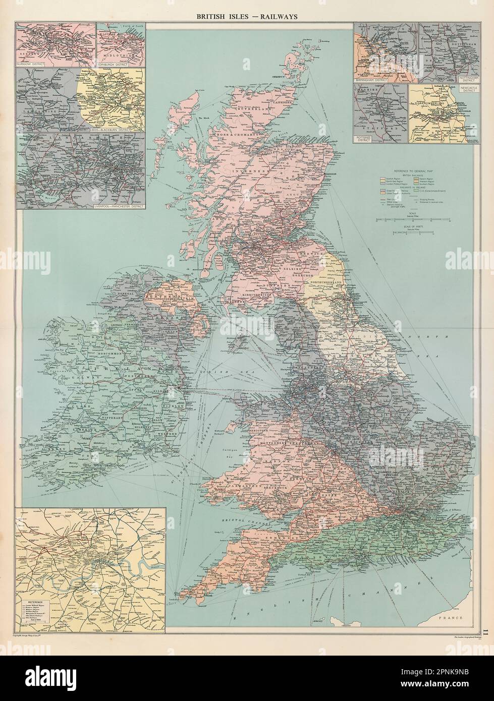 British Isles Railways companies regions. Ireland. British Rail. LARGE 1952 map Stock Photo