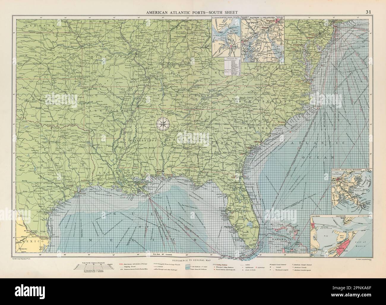 US Atlantic & Gulf Coast Ports sea chart lighthouses mail routes LARGE