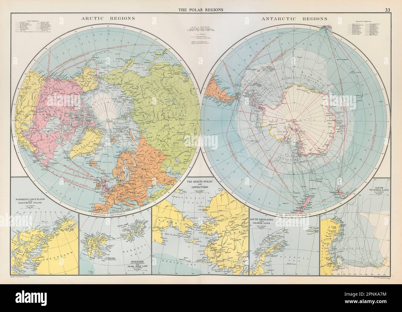 Polar Regions. Arctic/Antarctic sea chart. Steamer routes. LARGE 1952 old map Stock Photo