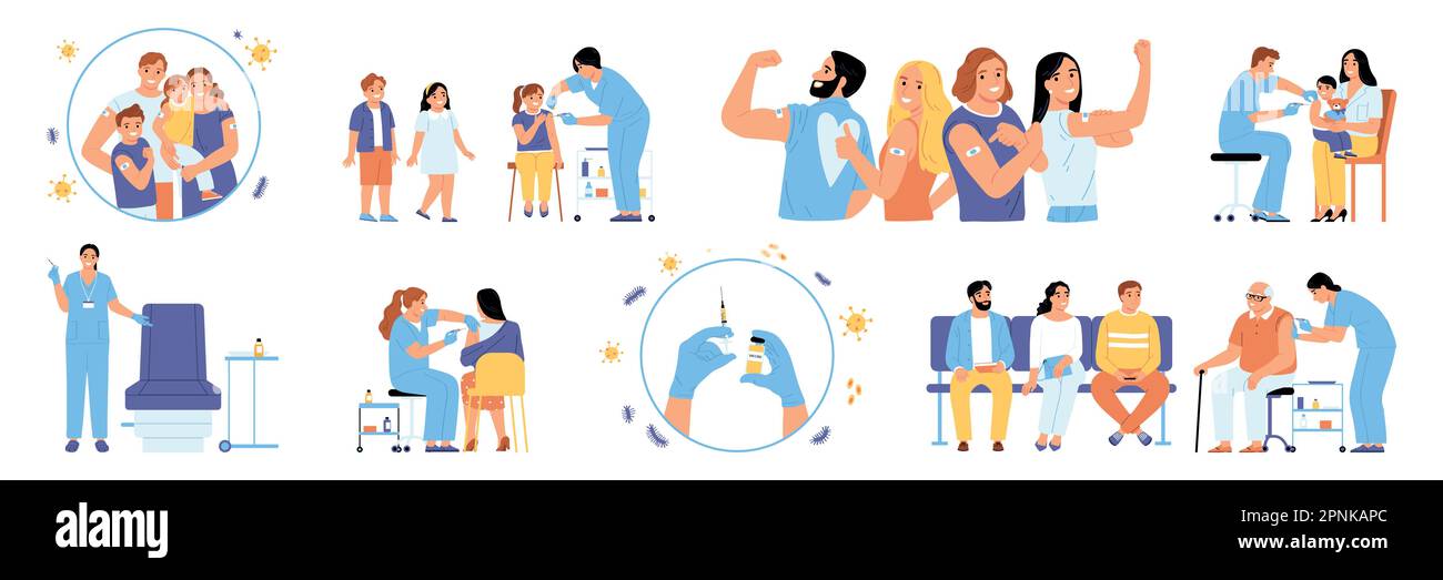 Vaccination flat icons set with people taking immune medication shots ...
