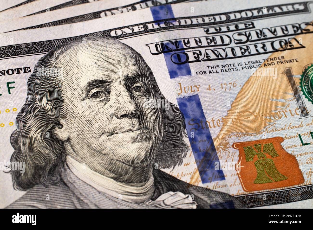 Extreme close-up of one hundred bill Franklin portrait. Macro. American paper money. A $100 bill with focus on Benjamin Franklin. US banknotes Stock Photo