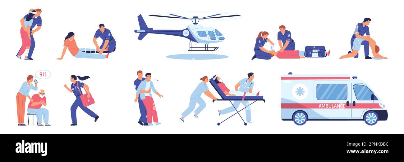 First aid emergency icons flat set with paramedics rescuing accident