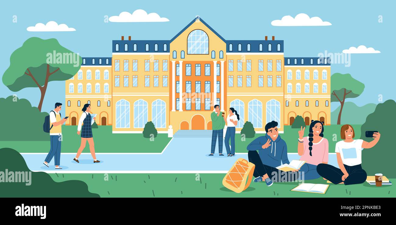 Student campus flat composition with university building on background vector illustration Stock Vector