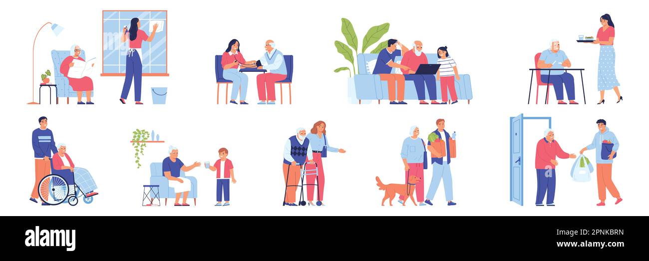 Elderly people help flat icons set with volunteers helping seniors isolated vector illustration Stock Vector