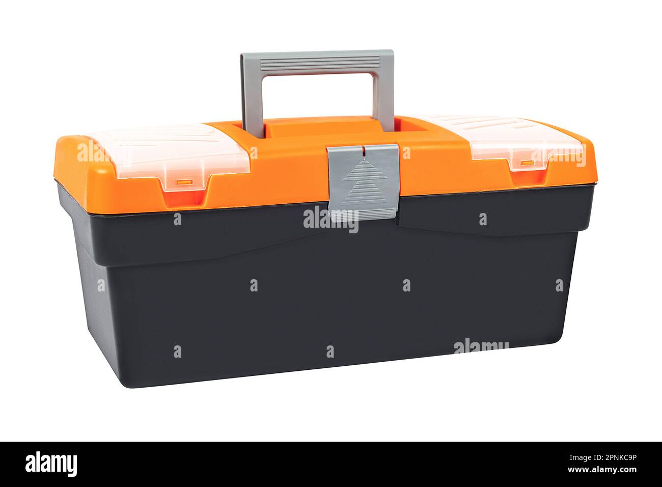 The black orange, plastic tool box. Isolated organizer. Stock Photo